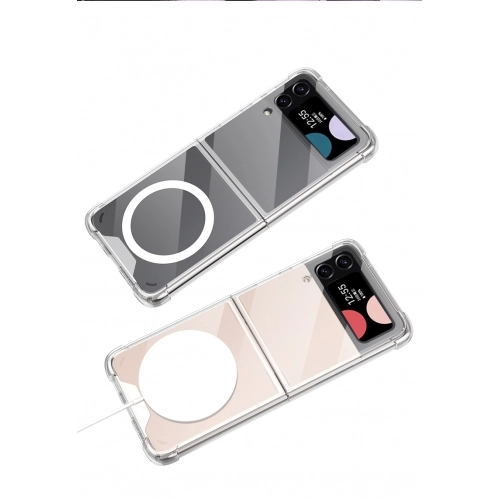 Samsung Galaxy Z Flip 4 Kılıf Wireless Şarj Özellikli Airbagli Kıpta Anti Shock Magsafe Kapak - Şeffaf