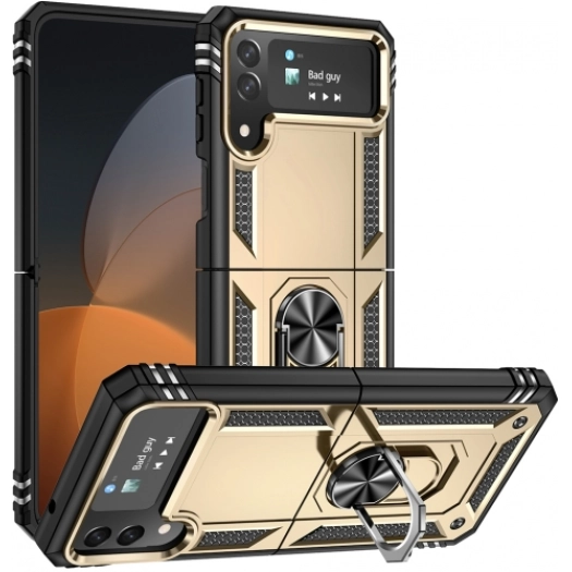 Samsung Galaxy Z Flip 4 Kılıf Zırhlı Standlı Mıknatıslı Katlanabilir Tank Kapak - Gold