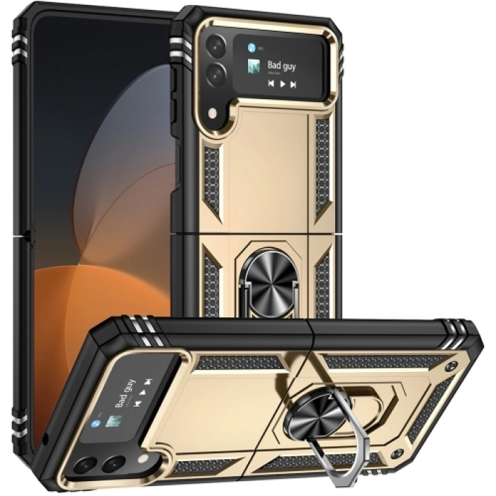 Samsung Galaxy Z Flip 4 Kılıf Zırhlı Standlı Mıknatıslı Katlanabilir Tank Kapak - Gold