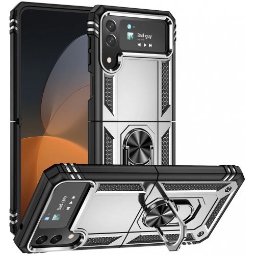 Samsung Galaxy Z Flip 4 Kılıf Zırhlı Standlı Mıknatıslı Katlanabilir Tank Kapak - Gümüş