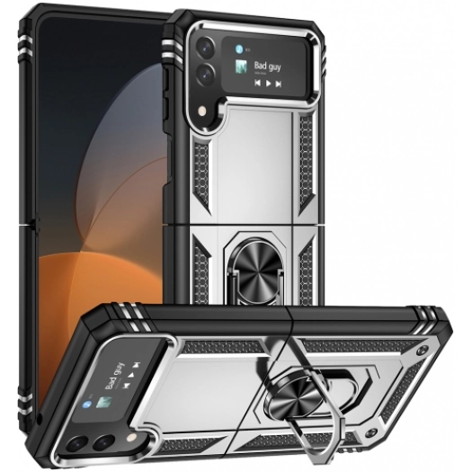 Samsung Galaxy Z Flip 4 Kılıf Zırhlı Standlı Mıknatıslı Katlanabilir Tank Kapak - Gümüş