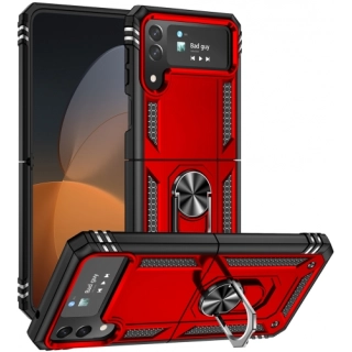 Samsung Galaxy Z Flip 4 Kılıf Zırhlı Standlı Mıknatıslı Katlanabilir Tank Kapak - Kırmızı