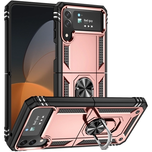 Samsung Galaxy Z Flip 4 Kılıf Zırhlı Standlı Mıknatıslı Katlanabilir Tank Kapak - Rose Gold