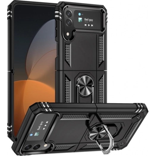 Samsung Galaxy Z Flip 4 Kılıf Zırhlı Standlı Mıknatıslı Katlanabilir Tank Kapak - Siyah