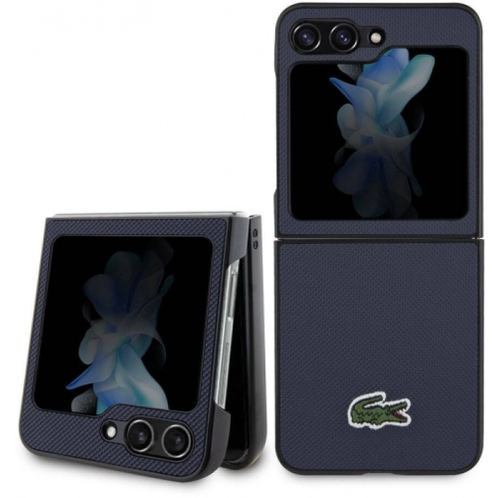 Samsung Galaxy Z Flip 5 Kılıf Lacoste Orjinal Lisanslı PU Pike Desenli Arka Yüzey İkonik Timsah Dokuma Logolu Kapak - Lacivert