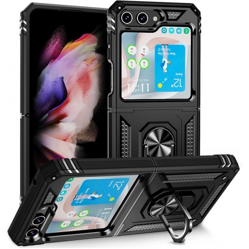 Samsung Galaxy Z Flip 5 Zırhlı Standlı Mıknatıslı Katlanabilir Tank Kapak - Siyah