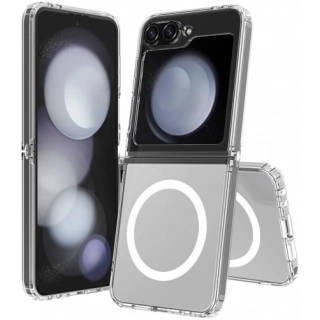 Samsung Galaxy Z Flip 6 Kılıf Magsafe Şarj Özellikli Şeffaf Sert PC Embos Kapak - Şeffaf