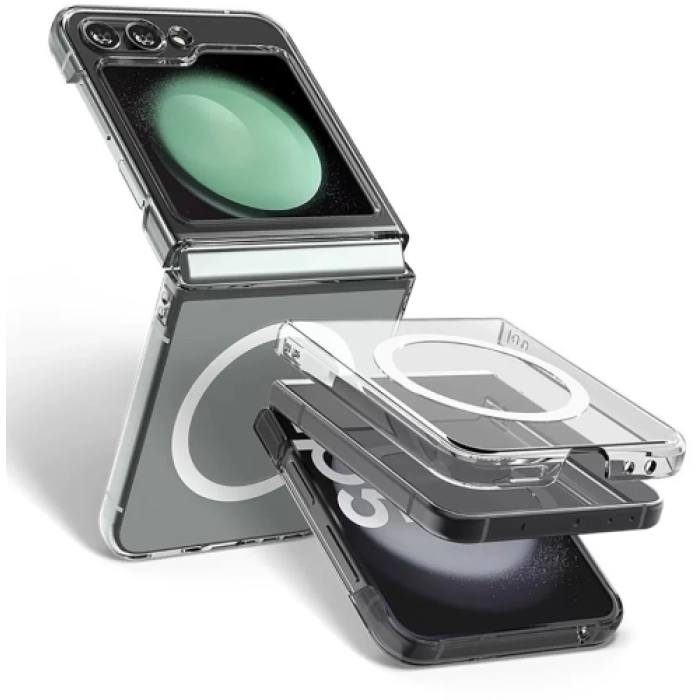 Samsung Galaxy Z Flip 6 Kılıf Magsafe Şarj Özellikli Şeffaf Tek Kamera Çerçeveli Porto Kapak - Şeffaf