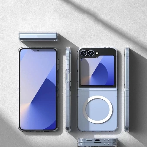 Samsung Galaxy Z Flip 6 Kılıf Magsafe Şarj Özellikli Şeffaf Tek Kamera Çerçeveli Porto Kapak - Şeffaf