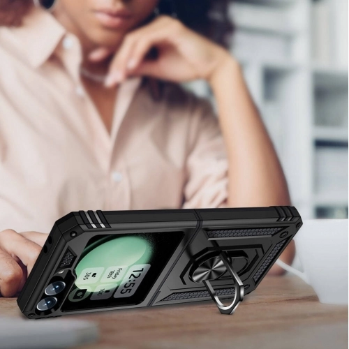 Samsung Galaxy Z Flip 6 Zırhlı Standlı Mıknatıslı Katlanabilir Tank Kapak - Siyah