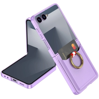 Samsung Galaxy Z Flip 7 Kapak Kıpta Yüzüklü Standlı Premium Kartlıklı Kılıf - Mor