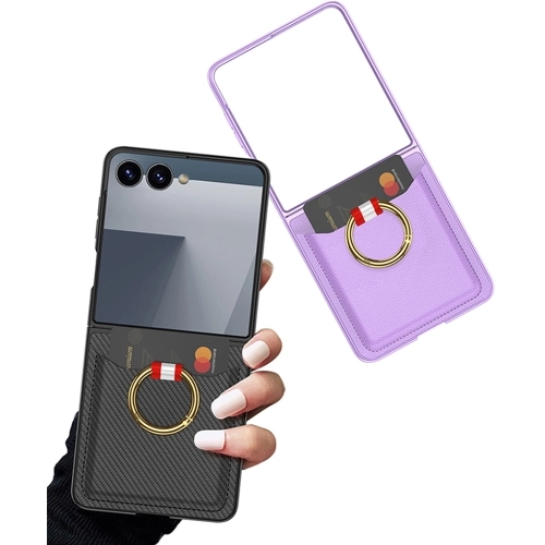 Samsung Galaxy Z Flip 7 Kapak Kıpta Yüzüklü Standlı Premium Kartlıklı Kılıf - Pembe