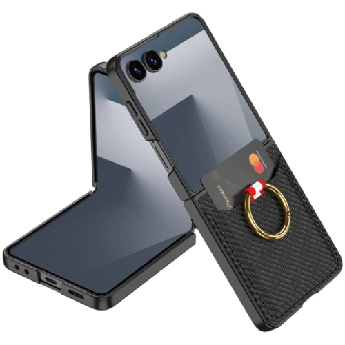 Samsung Galaxy Z Flip 7 Kapak Kıpta Yüzüklü Standlı Premium Kartlıklı Kılıf - Siyah Karbon