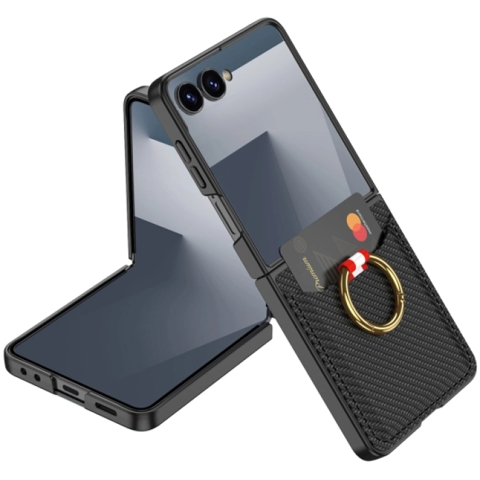 Samsung Galaxy Z Flip 7 Kapak Kıpta Yüzüklü Standlı Premium Kartlıklı Kılıf - Siyah Karbon