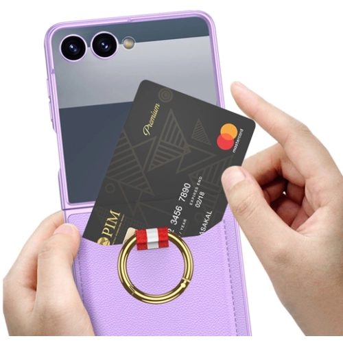 Samsung Galaxy Z Flip 7 Kapak Kıpta Yüzüklü Standlı Premium Kartlıklı Kılıf - Siyah Karbon