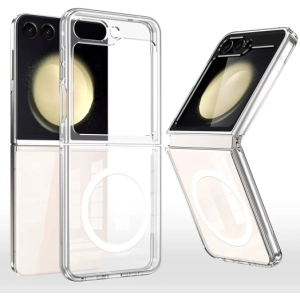 Samsung Galaxy Z Flip 7 Kılıf Magsafe Şarj Özellikli Şeffaf Sert PC Embos Kapak - Şeffaf