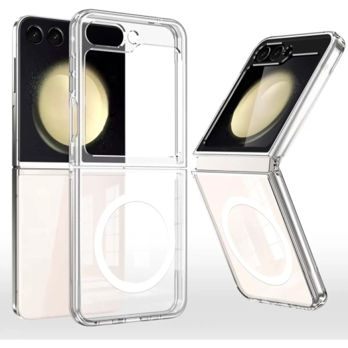 Samsung Galaxy Z Flip 7 Kılıf Magsafe Şarj Özellikli Şeffaf Sert PC Embos Kapak - Şeffaf