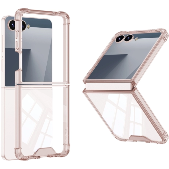 Samsung Galaxy Z Flip 7 Kılıf Premium Full Camlı Kıpta, Şok Emici ve Çizilmez Cam Kapaklı Tasarım - Pembe
