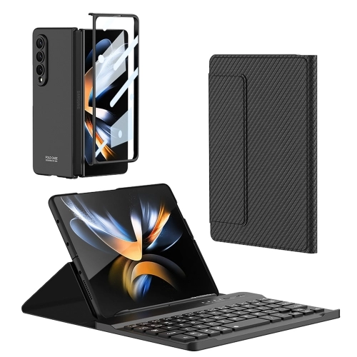 Samsung Galaxy Z Fold 3 Kılıf Metal Görünümlü Esnek Kıpta ve Klavyeli Kapak Set - Siyah