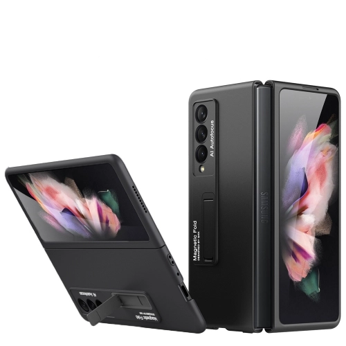 Samsung Galaxy Z Fold 3 Kılıf Standlı Parmak İzi Bırkmayan Z-Stand Kapak - Siyah