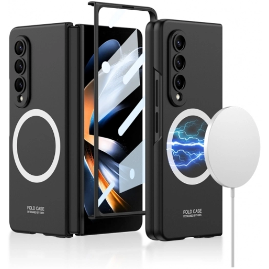 Samsung Galaxy Z Fold 3 Kılıf Wireless Şarj Özellikli Metal Görünümlü Magsafe Kıpta Kapak - Siyah