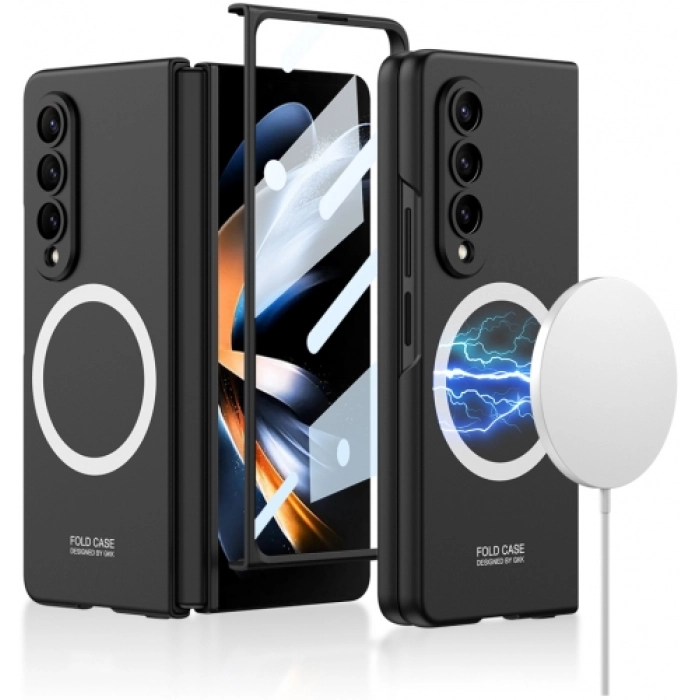 Samsung Galaxy Z Fold 3 Kılıf Wireless Şarj Özellikli Metal Görünümlü Magsafe Kıpta Kapak - Siyah