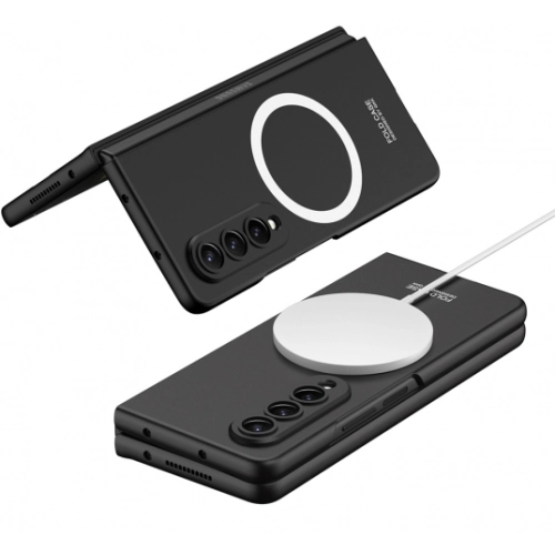 Samsung Galaxy Z Fold 3 Kılıf Wireless Şarj Özellikli Metal Görünümlü Magsafe Kıpta Kapak - Siyah