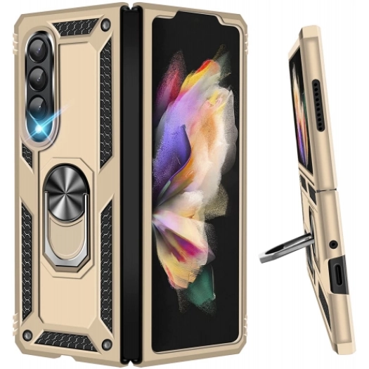 Samsung Galaxy Z Fold 3 Kılıf Zırhlı Standlı Mıknatıslı Katlanabilir Tank Kapak - Gold