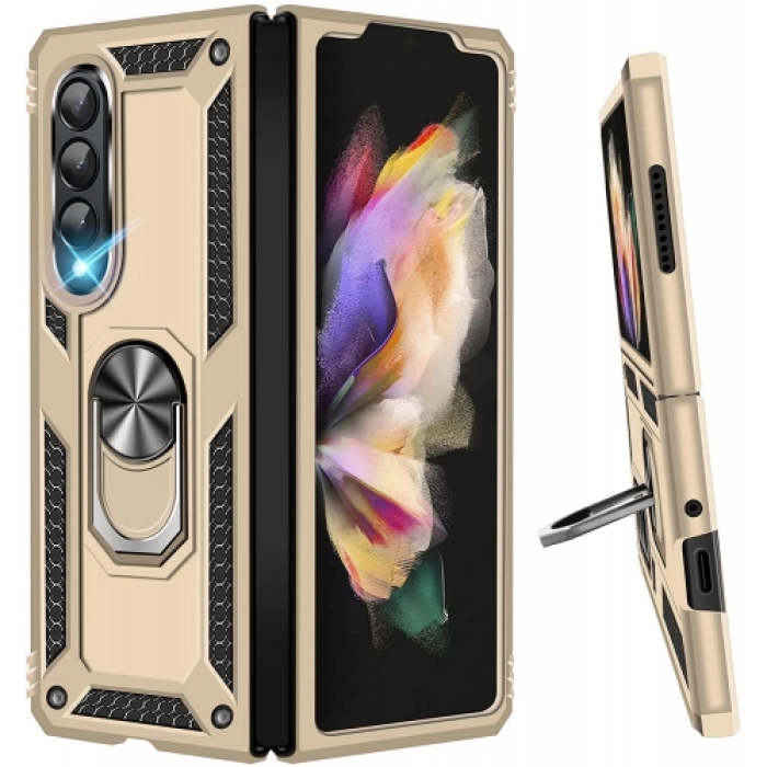 Samsung Galaxy Z Fold 3 Kılıf Zırhlı Standlı Mıknatıslı Katlanabilir Tank Kapak - Gold