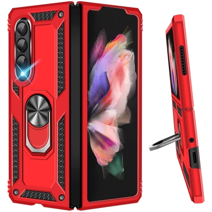 Samsung Galaxy Z Fold 3 Kılıf Zırhlı Standlı Mıknatıslı Katlanabilir Tank Kapak - Kırmızı