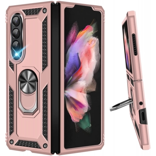 Samsung Galaxy Z Fold 3 Kılıf Zırhlı Standlı Mıknatıslı Katlanabilir Tank Kapak - Rose Gold