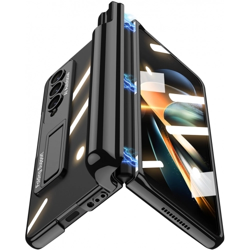 Samsung Galaxy Z Fold 4 Kılıf Kıpta Standlı Kalem Bölmeli Kapak - Gold