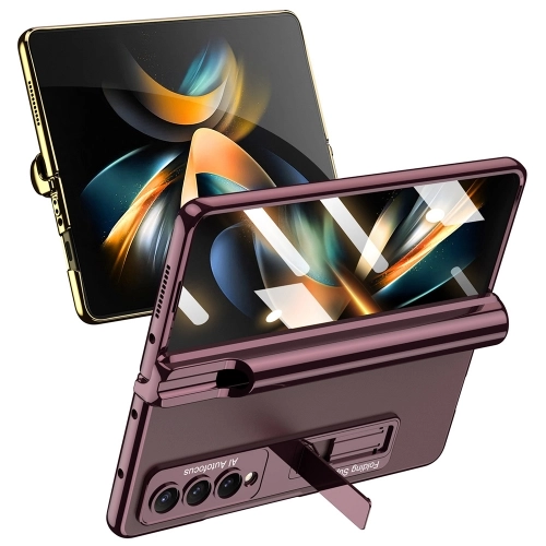 Samsung Galaxy Z Fold 4 Kılıf Kıpta Standlı Kalem Bölmeli Kapak - Gold