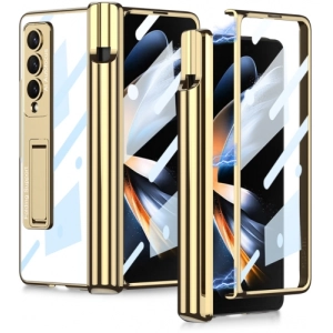 Samsung Galaxy Z Fold 4 Kılıf Kıpta Standlı Kalem Bölmeli Kapak - Gold