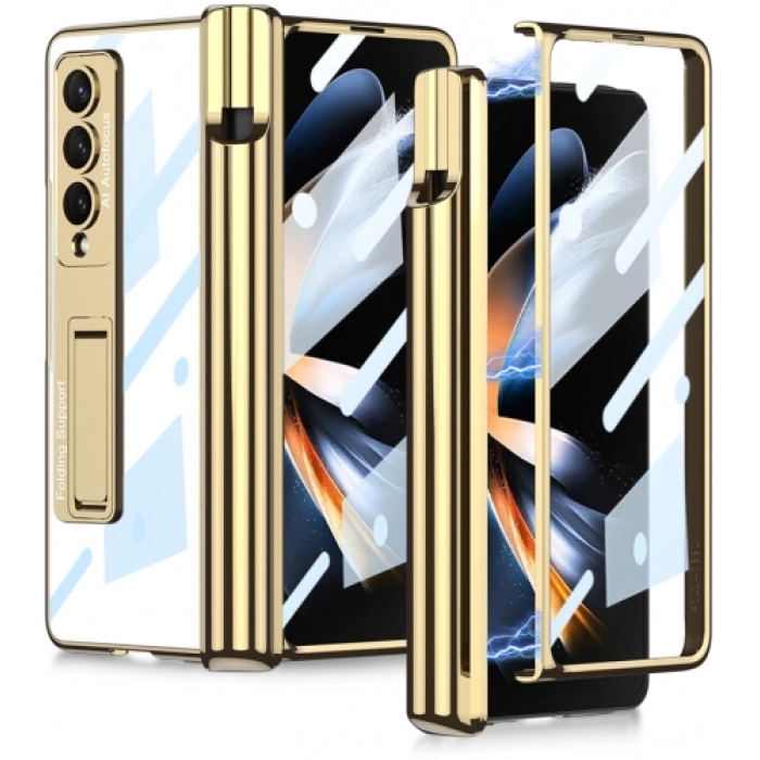 Samsung Galaxy Z Fold 4 Kılıf Kıpta Standlı Kalem Bölmeli Kapak - Gold