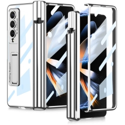 Samsung Galaxy Z Fold 4 Kılıf Kıpta Standlı Kalem Bölmeli Kapak - Gümüş