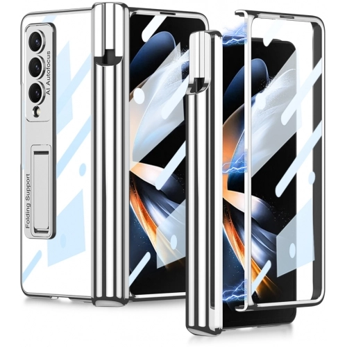 Samsung Galaxy Z Fold 4 Kılıf Kıpta Standlı Kalem Bölmeli Kapak - Gümüş