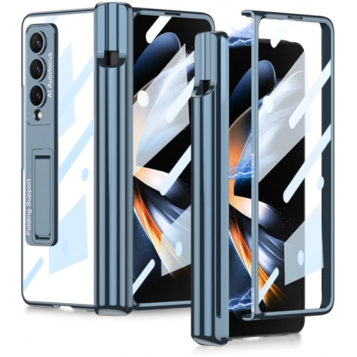 Samsung Galaxy Z Fold 4 Kılıf Kıpta Standlı Kalem Bölmeli Kapak - Mavi
