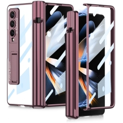Samsung Galaxy Z Fold 4 Kılıf Kıpta Standlı Kalem Bölmeli Kapak - Mürdüm