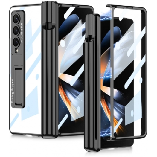 Samsung Galaxy Z Fold 4 Kılıf Kıpta Standlı Kalem Bölmeli Kapak - Siyah