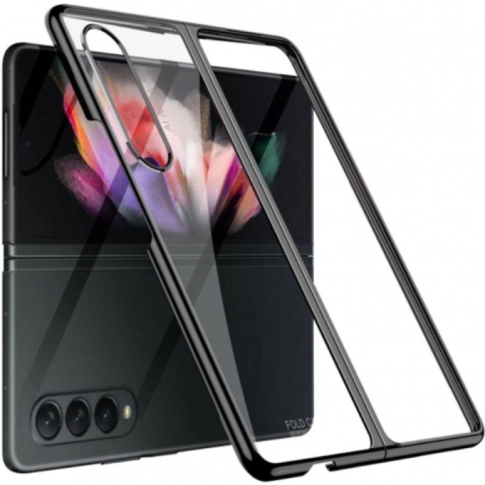Samsung Galaxy Z Fold 4 Kılıf Metal Görünümlü Esnek Kıpta Kapak - Siyah