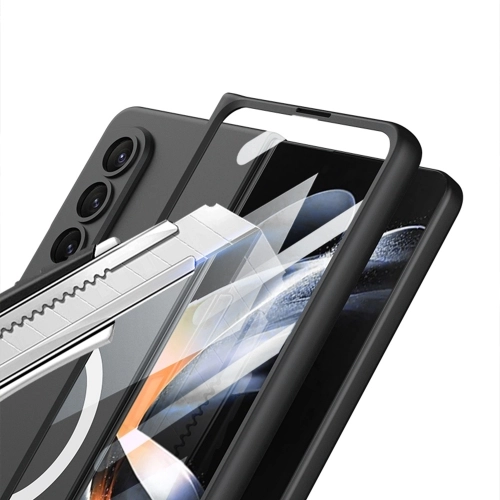 Samsung Galaxy Z Fold 4 Kılıf Wireless Şarj Özellikli Metal Görünümlü Magsafe Kıpta Kapak - Siyah