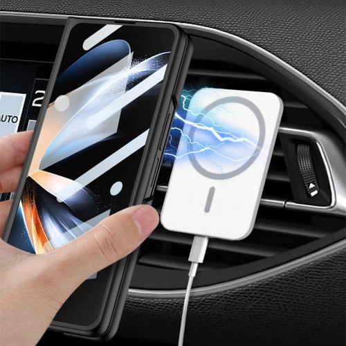 Samsung Galaxy Z Fold 4 Kılıf Wireless Şarj Özellikli Metal Görünümlü Magsafe Kıpta Kapak - Siyah