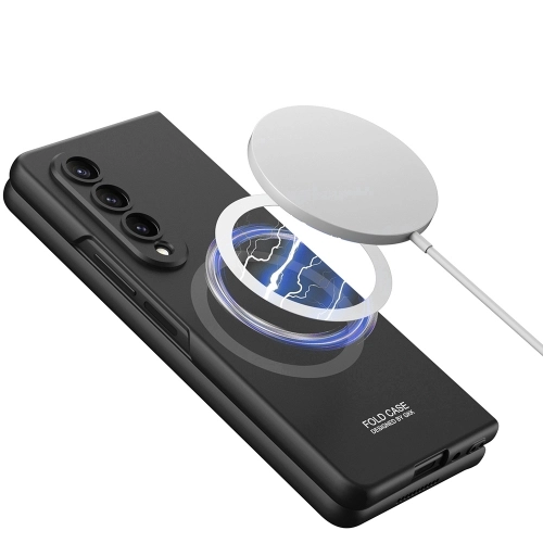 Samsung Galaxy Z Fold 4 Kılıf Wireless Şarj Özellikli Metal Görünümlü Magsafe Kıpta Kapak - Siyah