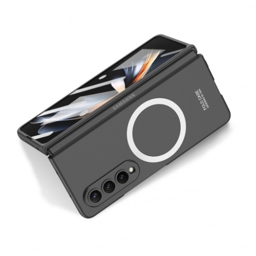 Samsung Galaxy Z Fold 4 Kılıf Wireless Şarj Özellikli Metal Görünümlü Magsafe Kıpta Kapak - Siyah