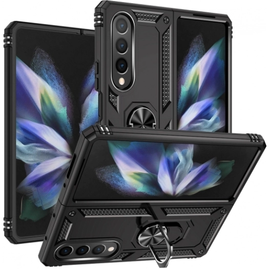 Samsung Galaxy Z Fold 4 Kılıf Zırhlı Standlı Mıknatıslı Katlanabilir Tank Kapak - Siyah