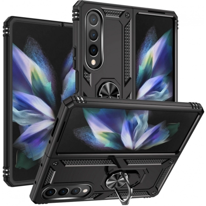Samsung Galaxy Z Fold 4 Kılıf Zırhlı Standlı Mıknatıslı Katlanabilir Tank Kapak - Siyah