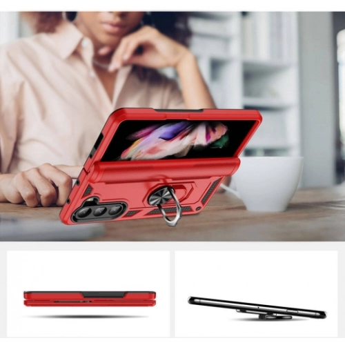 Samsung Galaxy Z Fold 5 Kılıf Zırhlı Standlı Mıknatıslı Tank Kapak - Kırmızı