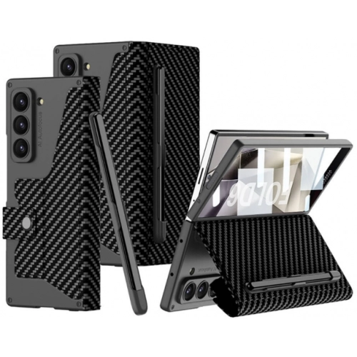 Samsung Galaxy Z Fold 6 Kılıf Kamera Korumalı Karbon Tasarımlı Kıpta Kalemli Fest Kapak - Siyah Karbon
