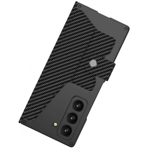 Samsung Galaxy Z Fold 6 Kılıf Kamera Korumalı Karbon Tasarımlı Kıpta Kalemli Fest Kapak - Siyah Karbon